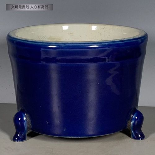 【清宫古玩】珍藏瓷器清代霁蓝釉单色釉三足香炉全品老
