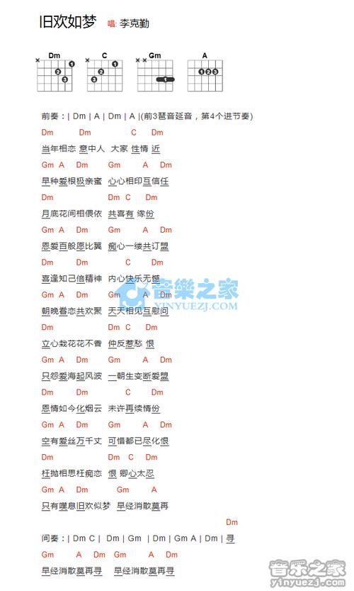 旧欢如梦吉他谱 d调和弦谱-李克勤