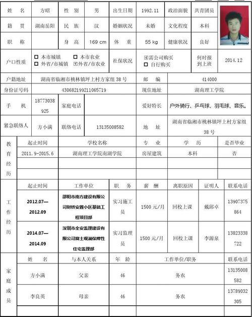 应聘人员履历表