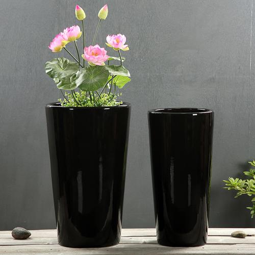 黑色平面直圆桶落地陶瓷大花盆//圆柱形花盆家居装饰干花花插花瓶_7折