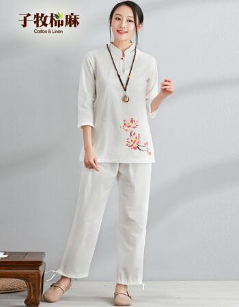 子牧棉麻2018春季新品 民族风女装宽松禅服两件套复古