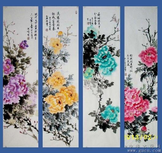 四尺对开四条屏牡丹画芯未裱