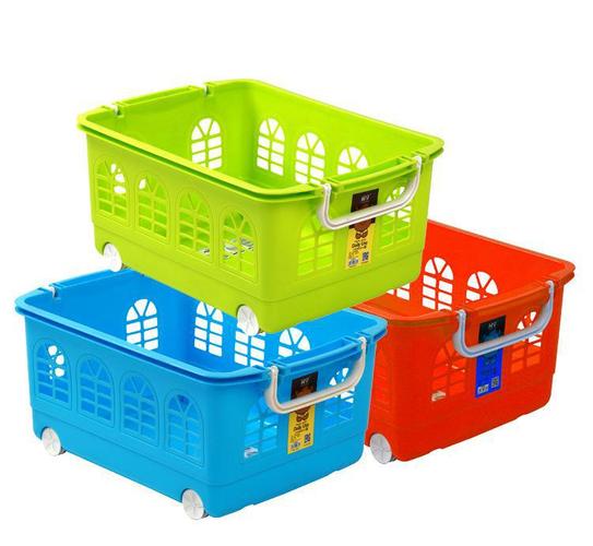 批发 简约时尚卡通收纳篮 塑料收纳箱 可重叠滑轮玩具整理箱商品大图