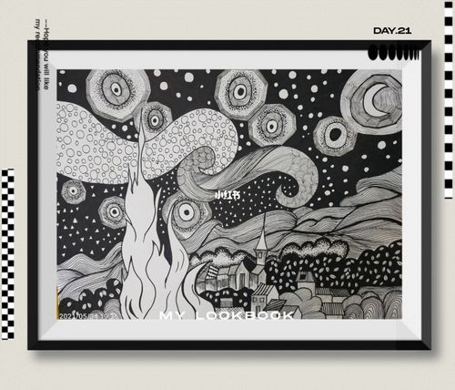 梵高星空黑白创意线描_星空_梵高_线描_文化_绘画
