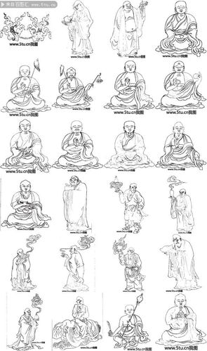 佛教十八罗汉线描图