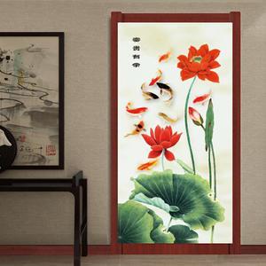 定制门帘九鱼荷花图中国风布艺卧室半帘客厅厨房卫生间风水隔断帘