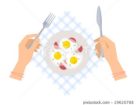 插图素材: fork and knife, ceramic plate with scrambled eggs.
