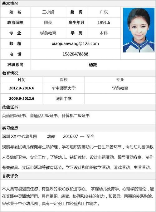 幼师应聘个人求职简历模板