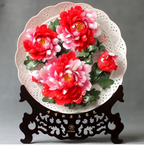瓷盘挂盘牡丹招财陶瓷牡丹花礼品摆件洛阳结婚花开富贵乔迁开业