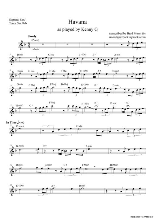 歌谱:havana(高音萨克斯/次中音萨克斯 8vb)(萨克斯谱)