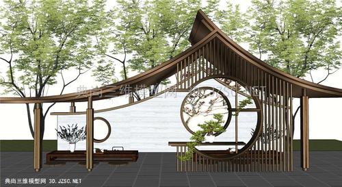 新中式廊架,坡屋顶茶亭su模型