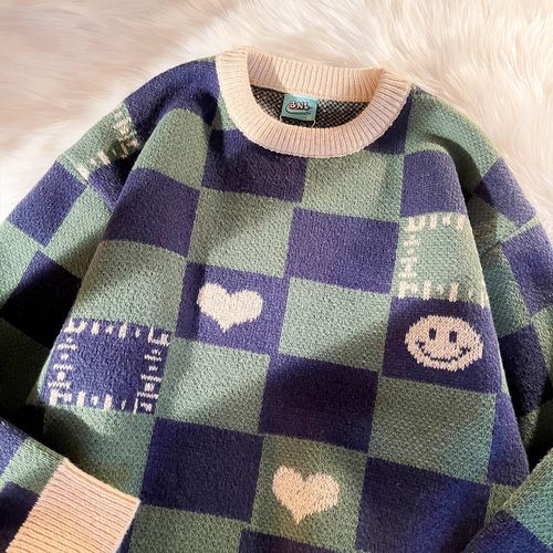 noay潮牌港风ins棋盘格子笑脸毛衣男女学生秋季圆领慵懒风针织衫