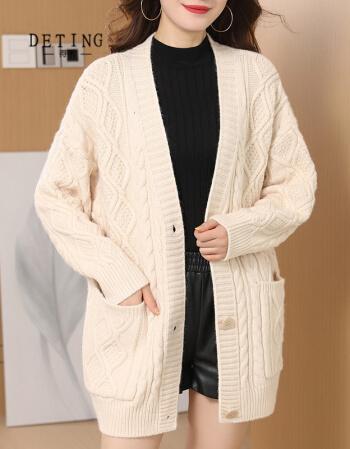 新毛衣开衫加厚中长款外套女针织羊毛衫外搭宽松纯色慵懒米色16084