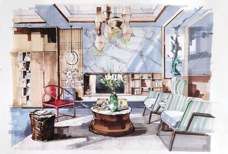 室内手绘效果图——中式客厅_手绘_马克笔_客厅_樱花