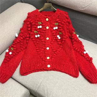 粗棒针立体樱桃钩花球针织开衫外套秋冬新款法式少女宽松厚毛衣女