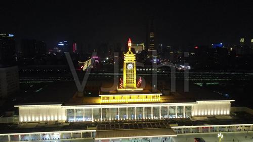 航拍湖南长沙火车站夜景灯光