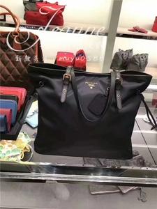 视频代购 prada/普拉达 经典黑色尼龙拼皮购物袋tote托特包单肩包