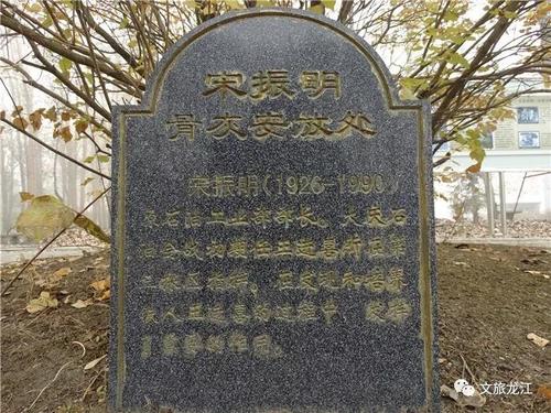 井场东侧铁人王进喜半身铜像前的云杉树下
