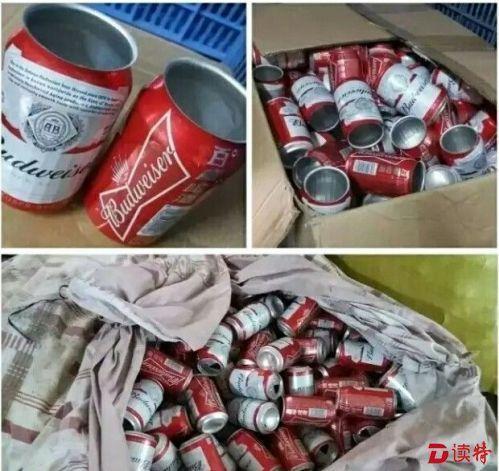 生产环境简陋恶劣,周围杂乱堆放着大量回收的旧罐和半成品,成品易拉罐