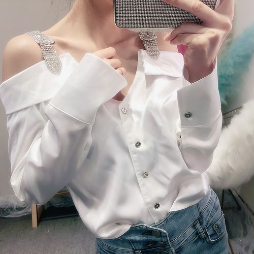 2019春装新款性感露肩衬衣小心机长袖漏锁骨上衣ins超火的衬衫女