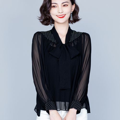 真丝衬衫女烫透明袖飘带领上衣2021衬衫