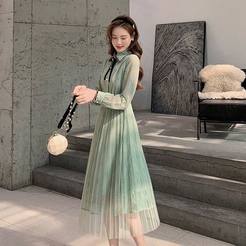蓝语大码女装胖妹妹mm气质蕾丝仙女网纱裙2021秋新款