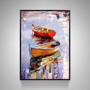 现代简约小渔船出海油画玄关装饰画样板房手绘立体厚颜料抽象油画
