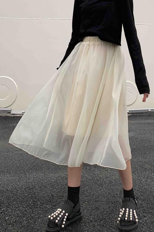 有内衬-韩版春装新款高腰显瘦纱裙超仙中长款百搭a字裙半身裙子