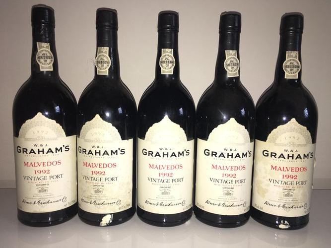 1992 vintage port graham"s malvedos – 5 bottles of 0.75 l
