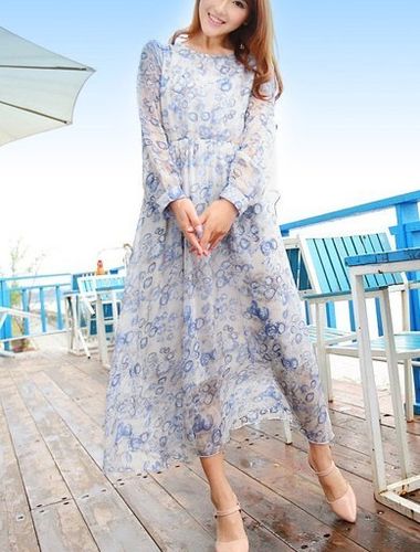 夏装新款波西米亚雪纺长裙 波点碎花长袖连衣长裙连衣裙沙滩裙