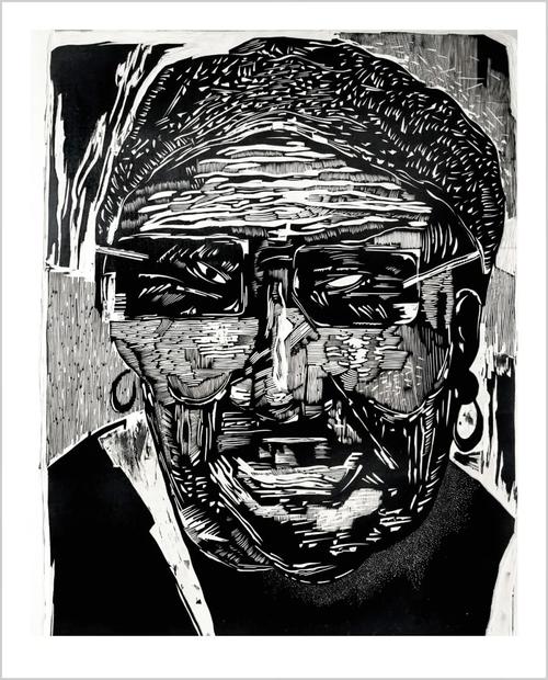 《头像》 黑白木刻  110cmx80cm□ 《疾风》 水印木刻  73cmx30cm