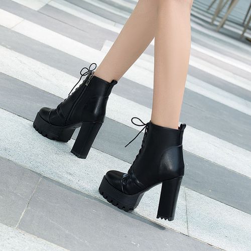 高跟靴子走秀女鞋系带秋冬季马丁短靴