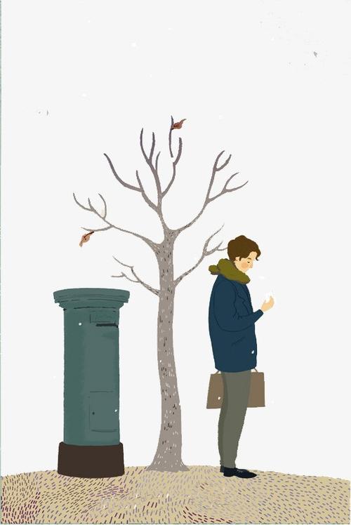 手绘树  油桶  卡通男孩  等待