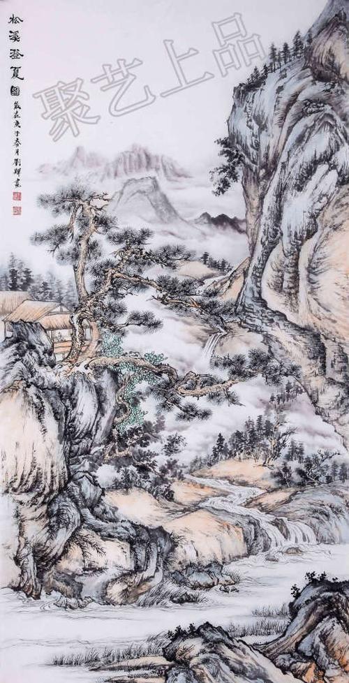 画家刘辉老师的这幅《紫气东来》,旭日东升,山脉相连,祥云笼罩,流水生