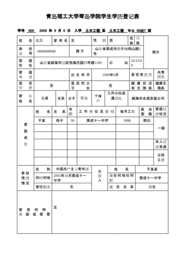 网站首页 海量文档 幼儿/小学教育 教育管理 学籍登记表范本.