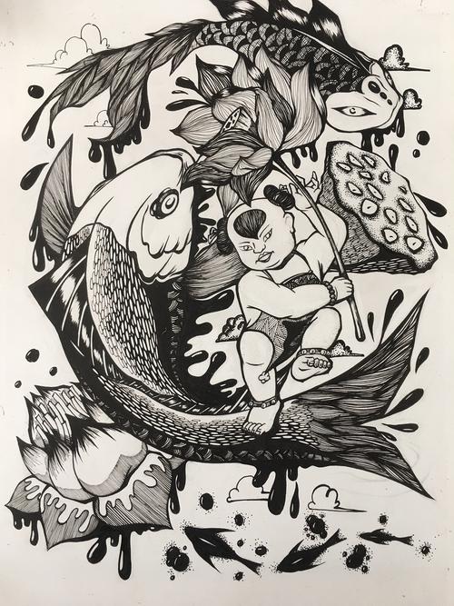 黑白装饰画"年年有鱼"