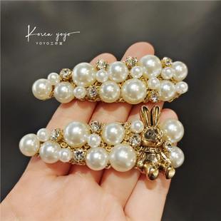 韩版f仿珍珠小兔bb发夹边夹刘海夹子水晶少女头饰发饰饰品鸭嘴夹