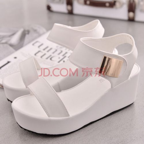 女夏季韩版磨砂松糕厚底凉鞋女鞋女式中跟坡跟鱼嘴魔术贴罗马鞋 白色