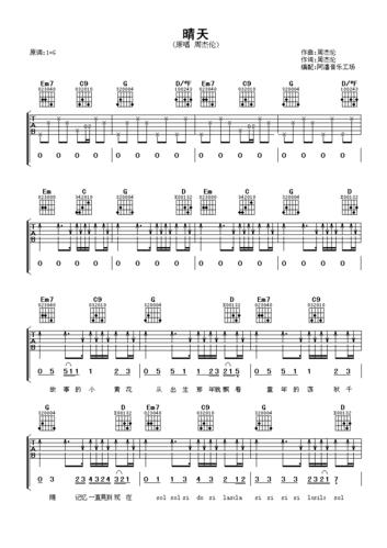 周杰伦《晴天》吉他谱_g调简单版_弹唱_阿潘_六线谱-吉他粉