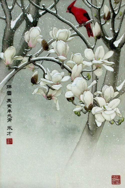 翠条多力引风长,点破银花玉雪香的玉兰花工笔画