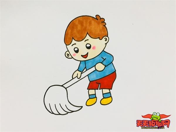 9,用绿色和棕色涂拖把,将地面涂上灰色的阴影,简单的51劳动节简