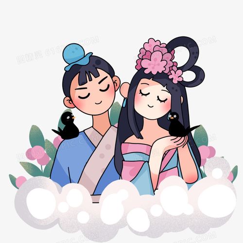 手绘牛郎织女七夕情人节插画元素