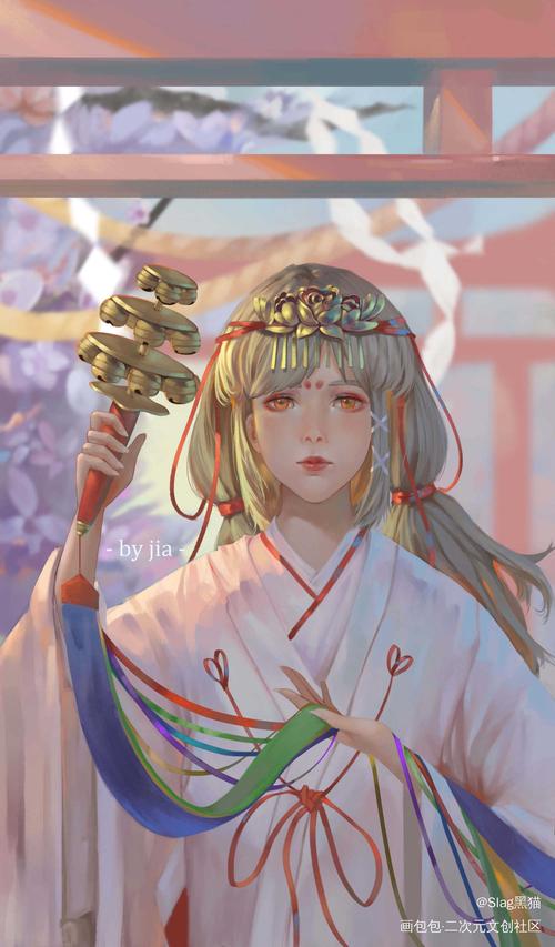 巫女_原创厚涂唯美单人和风头饰半身巫女长发少女手持绘画作品