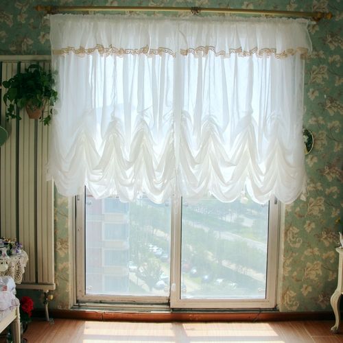 英式田园白色荷叶边帘头抽绳提拉瀑布水波帘气球帘单层纱帘窗帘_7折