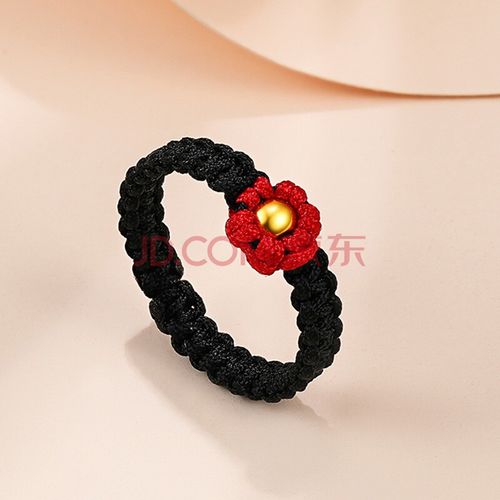 欧颜 送你一朵小红花戒指女999金珠3d硬金珠本命年红绳编织手绳抖音