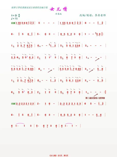 【筝谱改编】女儿情 伴奏版_伴奏_古筝_流行古筝曲改编合集_娱乐_音乐