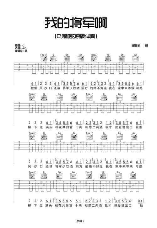 半阳《我的将军啊》吉他谱 c 调原版吉他弹唱谱