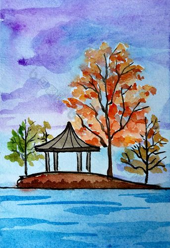 蓝色小亭子夏日手绘背景素材风景清新水彩