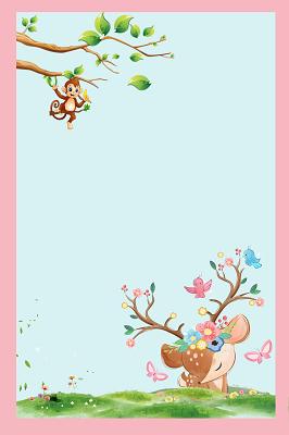 蓝色卡通动物可爱动物草地小鹿猴子树枝海报展板背景素材