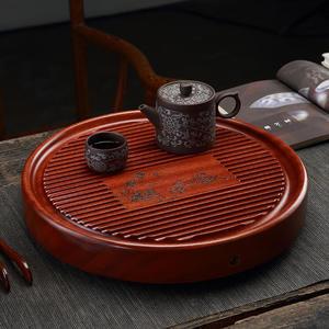 晨高圆型茶盘实木花梨电木款茶盘功夫茶具茶台家用简约原木排水式